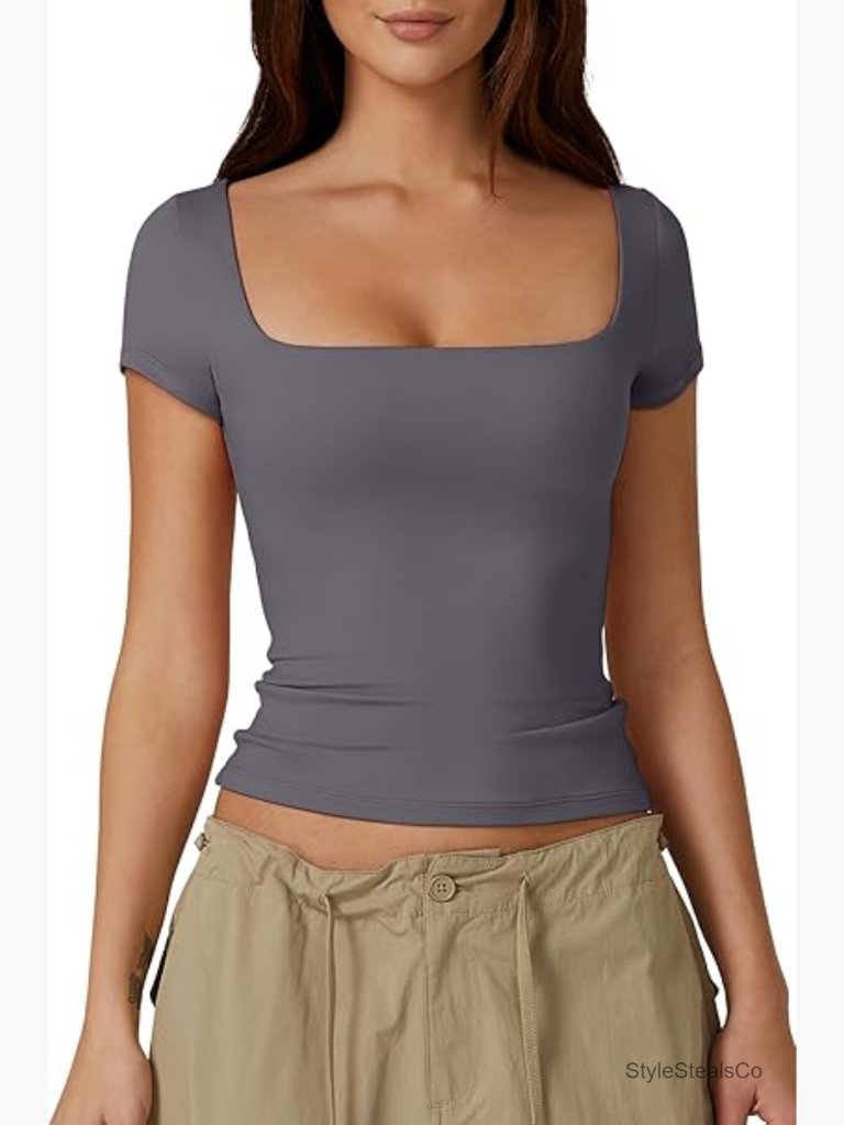 Slim Fit Square Neck Short Sleeve Double Layer Crop Top T-Shirt